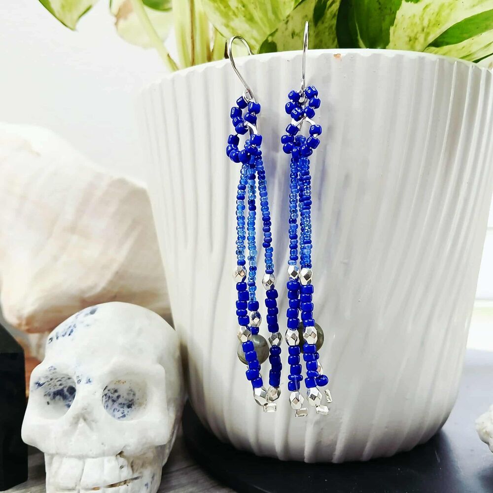 BOGO EARRINGS Boho Labradorite Beaded Fringe Tassel Dangle Earrings
